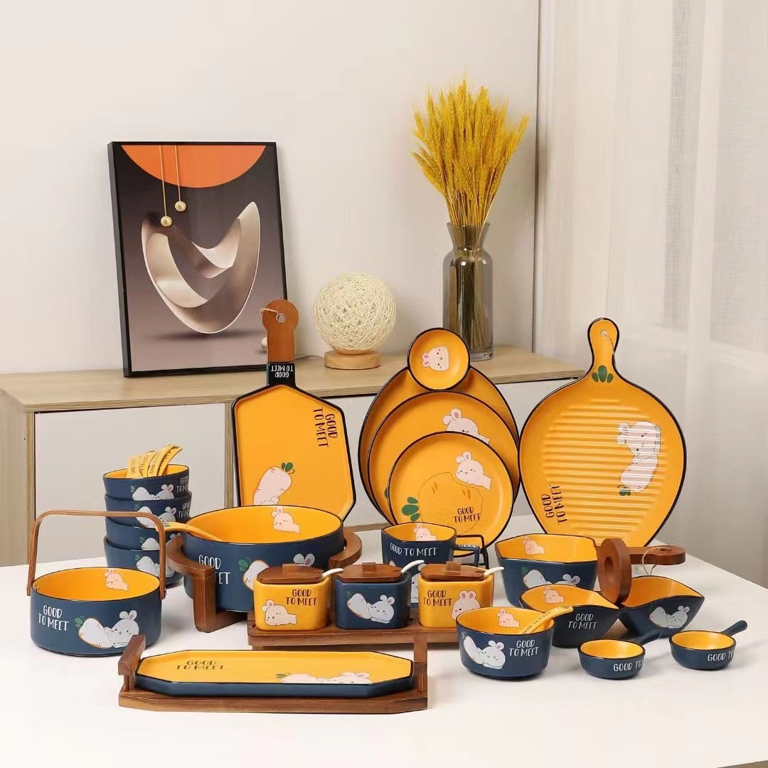 【3051People Collection】Good-looking Cute Rabbit Ceramic Tableware Combination Household Bowl Dish & Plate Suit Special Tableware Housewarming Gift