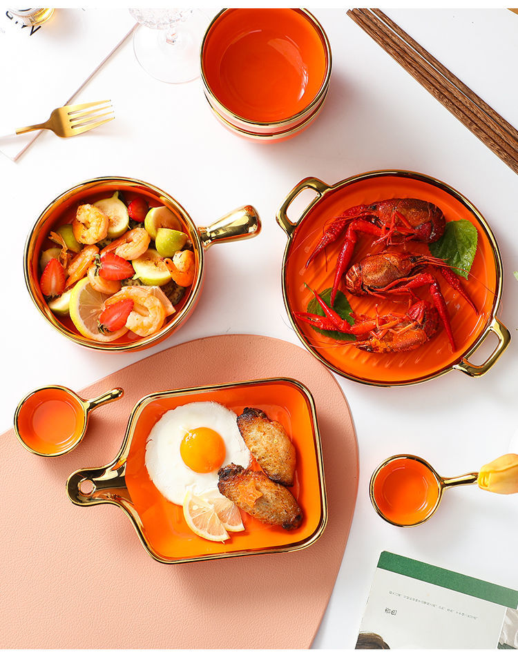 【1.5Ten Thousand People Collection】Light Luxury Nordic Ceramic Tableware Electroplating Golden Edge round Baking Bowl High-End Gift Binaural Square Plate Internet Celebrity Baking Tray Suit