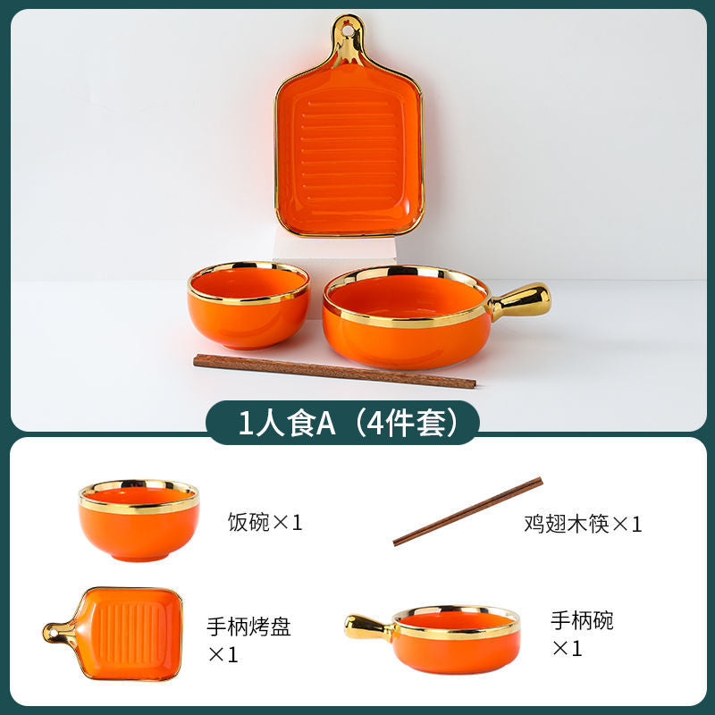【1.5Ten Thousand People Collection】Light Luxury Nordic Ceramic Tableware Electroplating Golden Edge round Baking Bowl High-End Gift Binaural Square Plate Internet Celebrity Baking Tray Suit