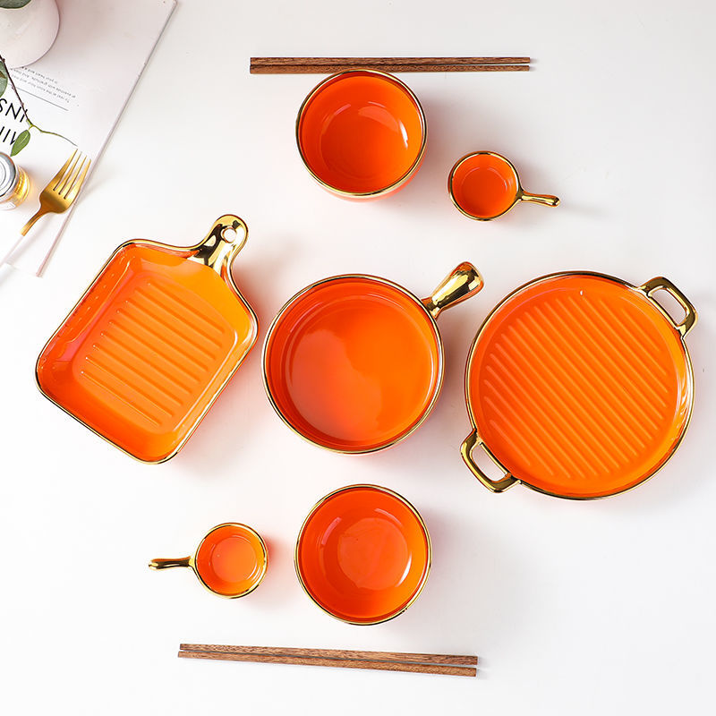 【1.5Ten Thousand People Collection】Light Luxury Nordic Ceramic Tableware Electroplating Golden Edge round Baking Bowl High-End Gift Binaural Square Plate Internet Celebrity Baking Tray Suit