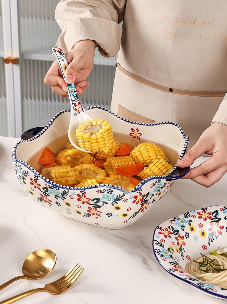 【7650People Collection】Foreign Trade Export Hand-painted Ceramic Bowl Plate Set Household Dining Bowl High-end Noodle Bowl Large Double-ear Soup Bowl with Lid