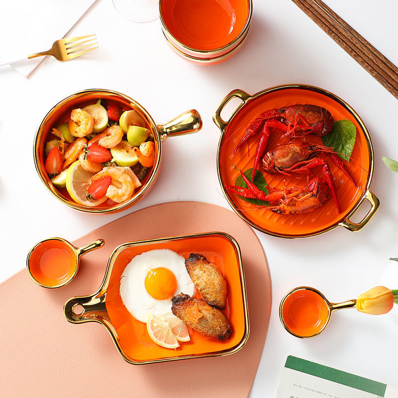 【1.5Ten Thousand People Collection】Light Luxury Nordic Ceramic Tableware Electroplating Golden Edge round Baking Bowl High-End Gift Binaural Square Plate Internet Celebrity Baking Tray Suit