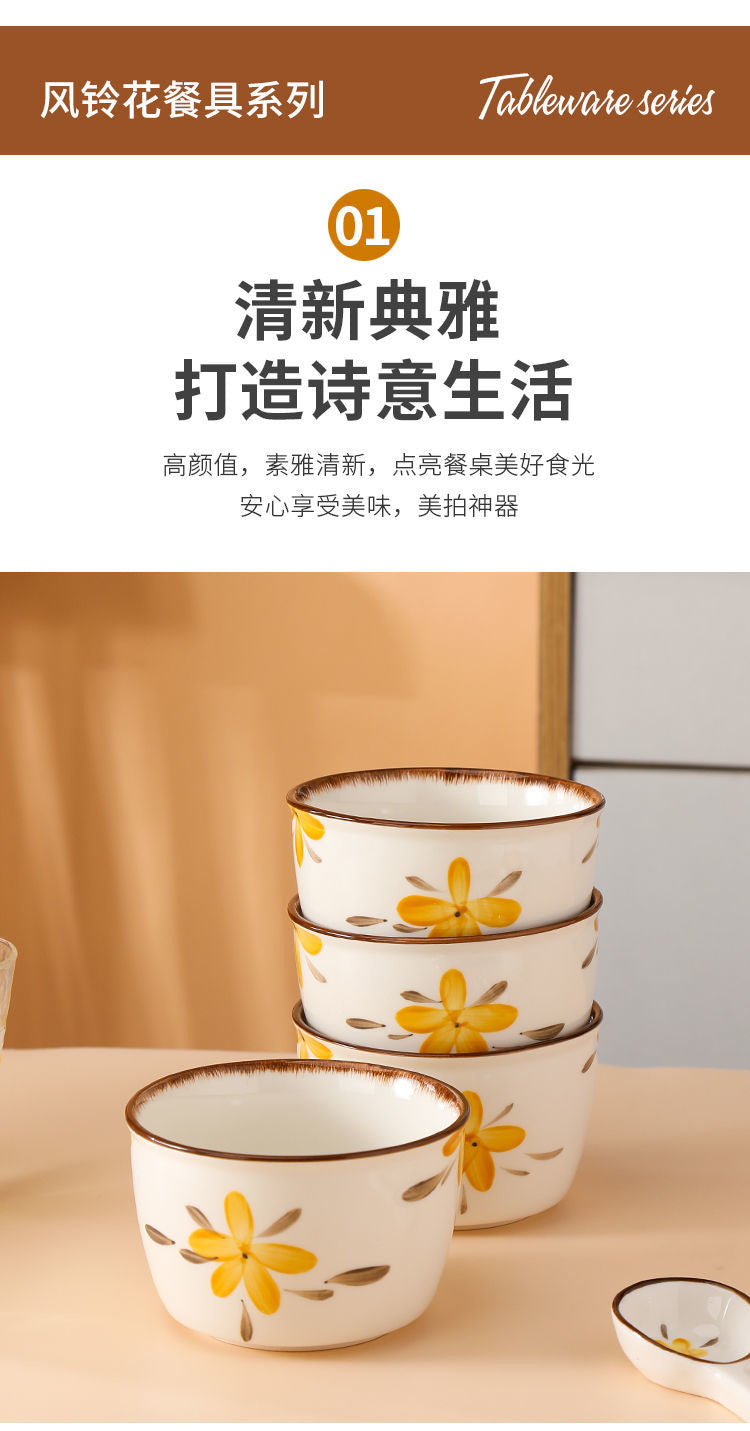 【HTK2388People】Campanula Flower for One Person Bowl Dish Suit Home Cartoon4Person Bowls, Plates, and Chopsticks Trending Creative Couple Pairs2Human Tableware