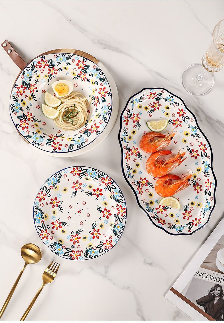 【7650People Collection】Foreign Trade Export Hand-painted Ceramic Bowl Plate Set Household Dining Bowl High-end Noodle Bowl Large Double-ear Soup Bowl with Lid
