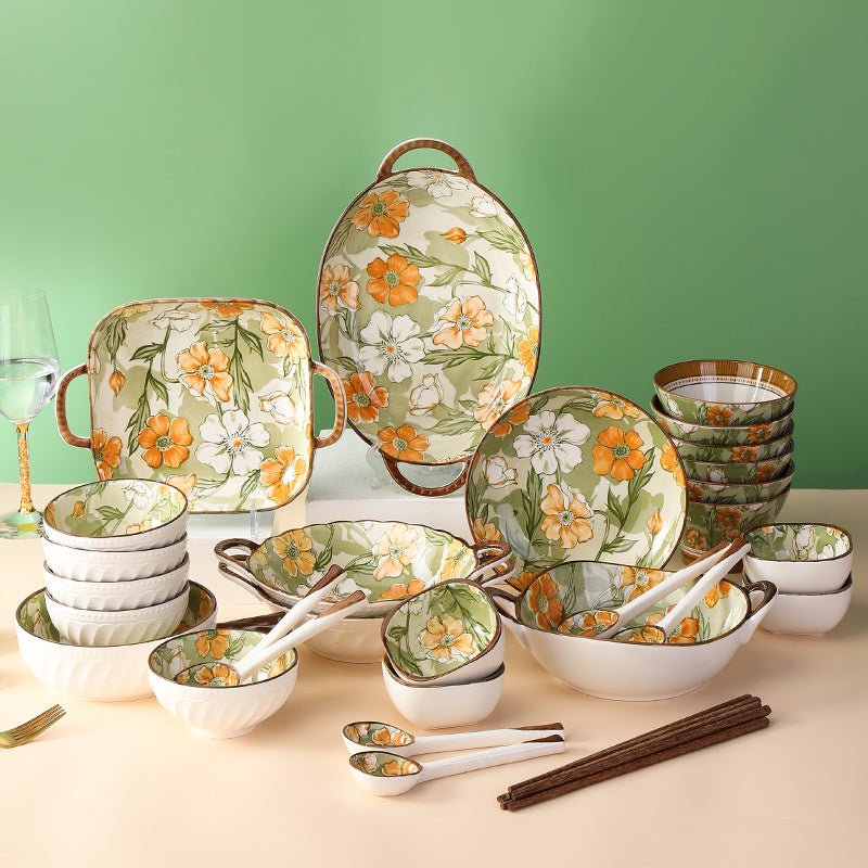 【1420Positive Review】Common Freesia Light Luxury Ceramic Bowl and Dish Suit Household Flowers Bowls, Plates, and Chopsticks Trending Creative Couple Single and Double6Human Tableware