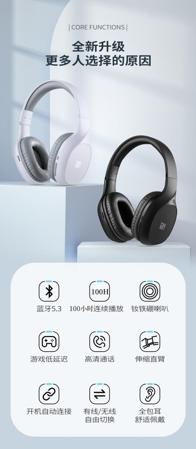 Headphones Over-Ear Bluetooth Android Apple Universal Wireless Student Gaming Music Long Battery Life Heavy Bass Headset