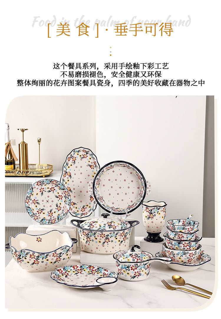 【7650People Collection】Foreign Trade Export Hand-painted Ceramic Bowl Plate Set Household Dining Bowl High-end Noodle Bowl Large Double-ear Soup Bowl with Lid