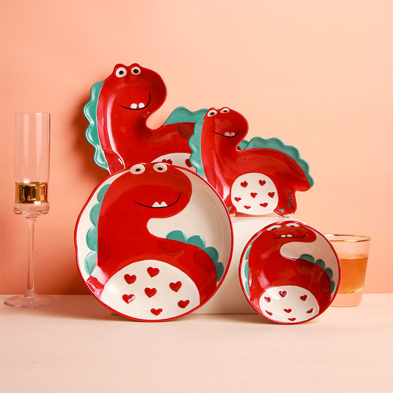 【4098People Collection】Aimeihui Cartoon Creative Dinosaur Shaped Bowl Household Children's Tableware Hand-painted Underglaze Craft Microwave Safe