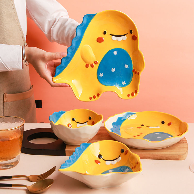 【4098People Collection】Aimeihui Cartoon Creative Dinosaur Shaped Bowl Household Children's Tableware Hand-painted Underglaze Craft Microwave Safe