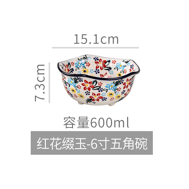 【7650People Collection】Foreign Trade Export Hand-painted Ceramic Bowl Plate Set Household Dining Bowl High-end Noodle Bowl Large Double-ear Soup Bowl with Lid