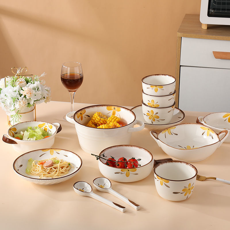【HTK2388People】Campanula Flower for One Person Bowl Dish Suit Home Cartoon4Person Bowls, Plates, and Chopsticks Trending Creative Couple Pairs2Human Tableware