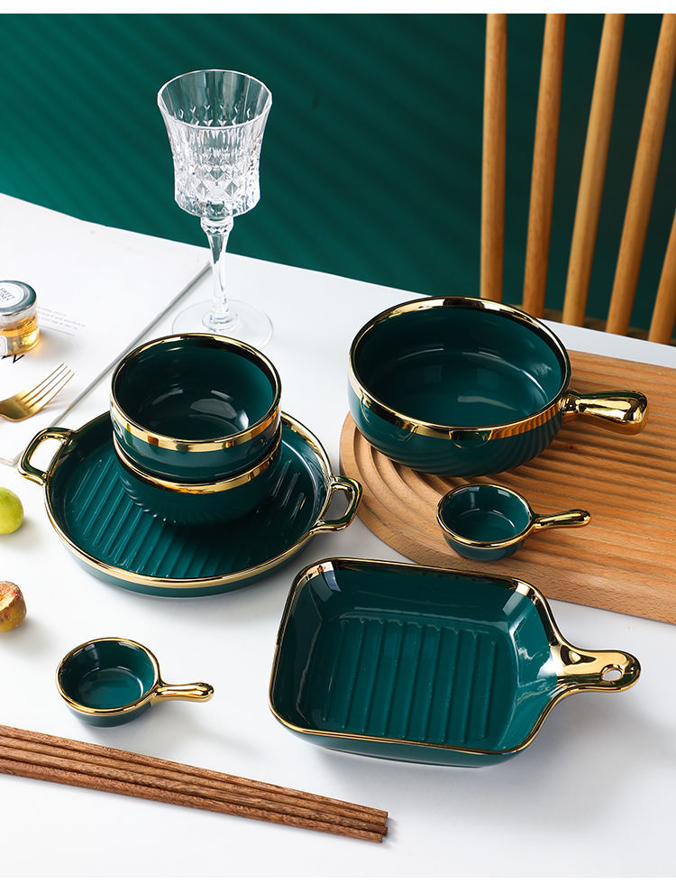 【1.5Ten Thousand People Collection】Light Luxury Nordic Ceramic Tableware Electroplating Golden Edge round Baking Bowl High-End Gift Binaural Square Plate Internet Celebrity Baking Tray Suit