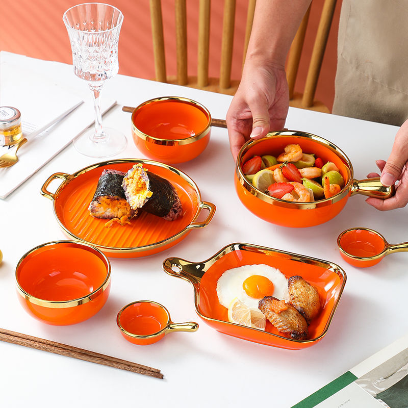【1.5Ten Thousand People Collection】Light Luxury Nordic Ceramic Tableware Electroplating Golden Edge round Baking Bowl High-End Gift Binaural Square Plate Internet Celebrity Baking Tray Suit