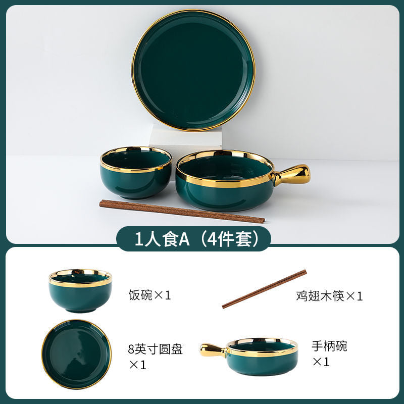 【1.5Ten Thousand People Collection】Light Luxury Nordic Ceramic Tableware Electroplating Golden Edge round Baking Bowl High-End Gift Binaural Square Plate Internet Celebrity Baking Tray Suit
