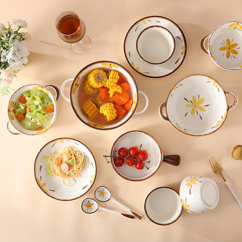 【HTK2388People】Campanula Flower for One Person Bowl Dish Suit Home Cartoon4Person Bowls, Plates, and Chopsticks Trending Creative Couple Pairs2Human Tableware