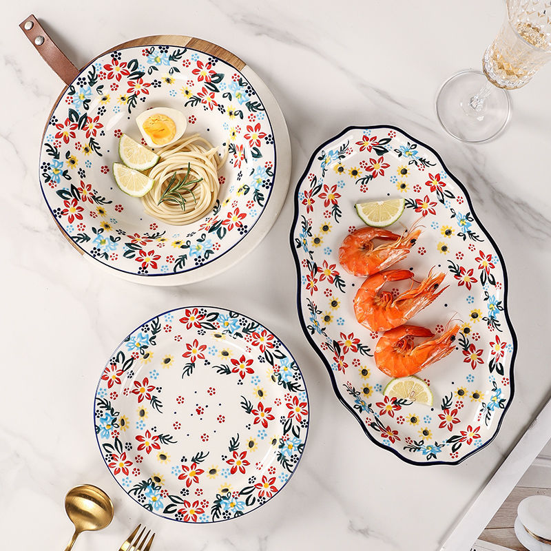 【7650People Collection】Foreign Trade Export Hand-painted Ceramic Bowl Plate Set Household Dining Bowl High-end Noodle Bowl Large Double-ear Soup Bowl with Lid