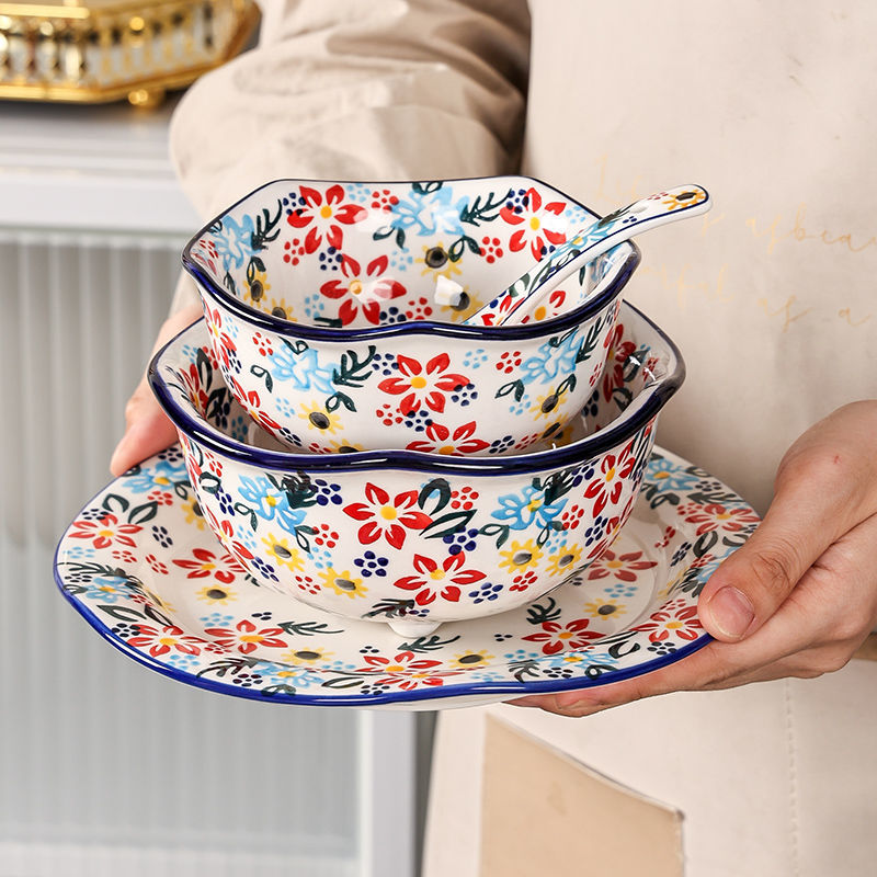 【7650People Collection】Foreign Trade Export Hand-painted Ceramic Bowl Plate Set Household Dining Bowl High-end Noodle Bowl Large Double-ear Soup Bowl with Lid