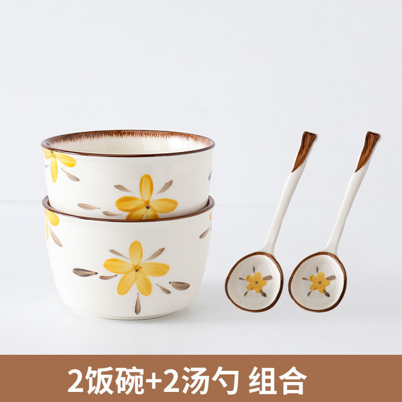 【HTK2388People】Campanula Flower for One Person Bowl Dish Suit Home Cartoon4Person Bowls, Plates, and Chopsticks Trending Creative Couple Pairs2Human Tableware