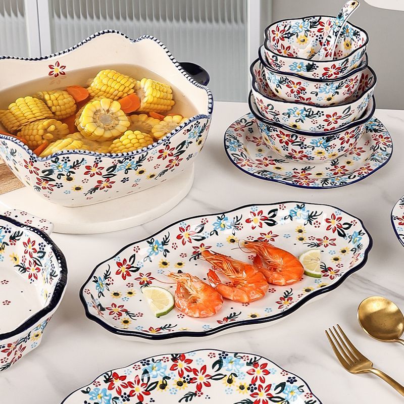 【7650People Collection】Foreign Trade Export Hand-painted Ceramic Bowl Plate Set Household Dining Bowl High-end Noodle Bowl Large Double-ear Soup Bowl with Lid