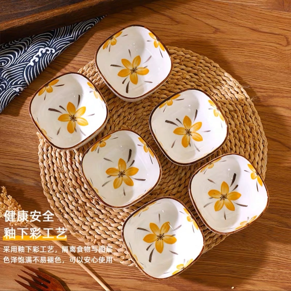 【HTK2388People】Campanula Flower for One Person Bowl Dish Suit Home Cartoon4Person Bowls, Plates, and Chopsticks Trending Creative Couple Pairs2Human Tableware