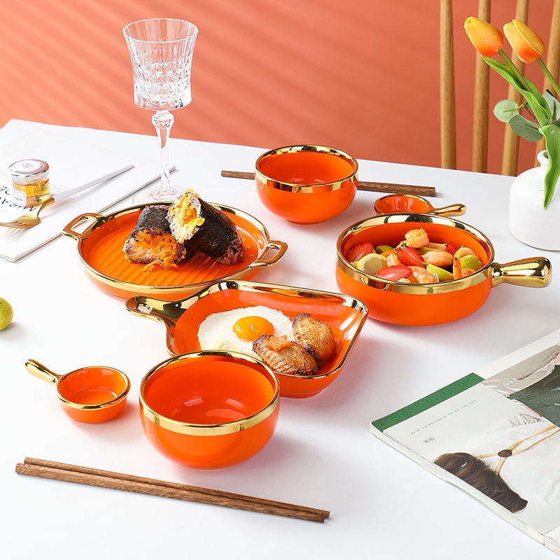 【1.5Ten Thousand People Collection】Light Luxury Nordic Ceramic Tableware Electroplating Golden Edge round Baking Bowl High-End Gift Binaural Square Plate Internet Celebrity Baking Tray Suit