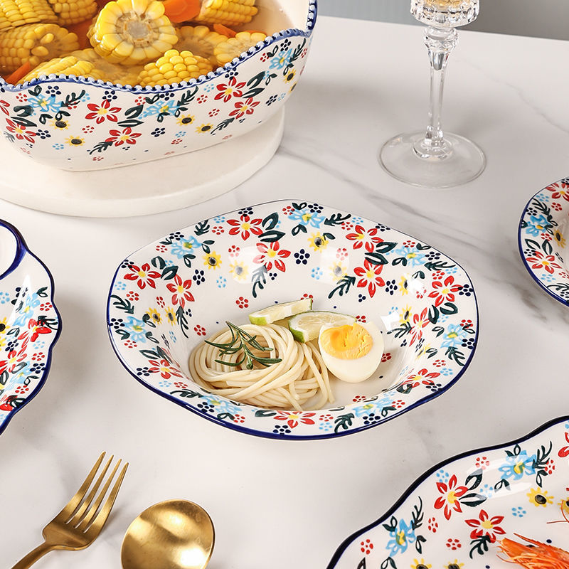 【7650People Collection】Foreign Trade Export Hand-painted Ceramic Bowl Plate Set Household Dining Bowl High-end Noodle Bowl Large Double-ear Soup Bowl with Lid