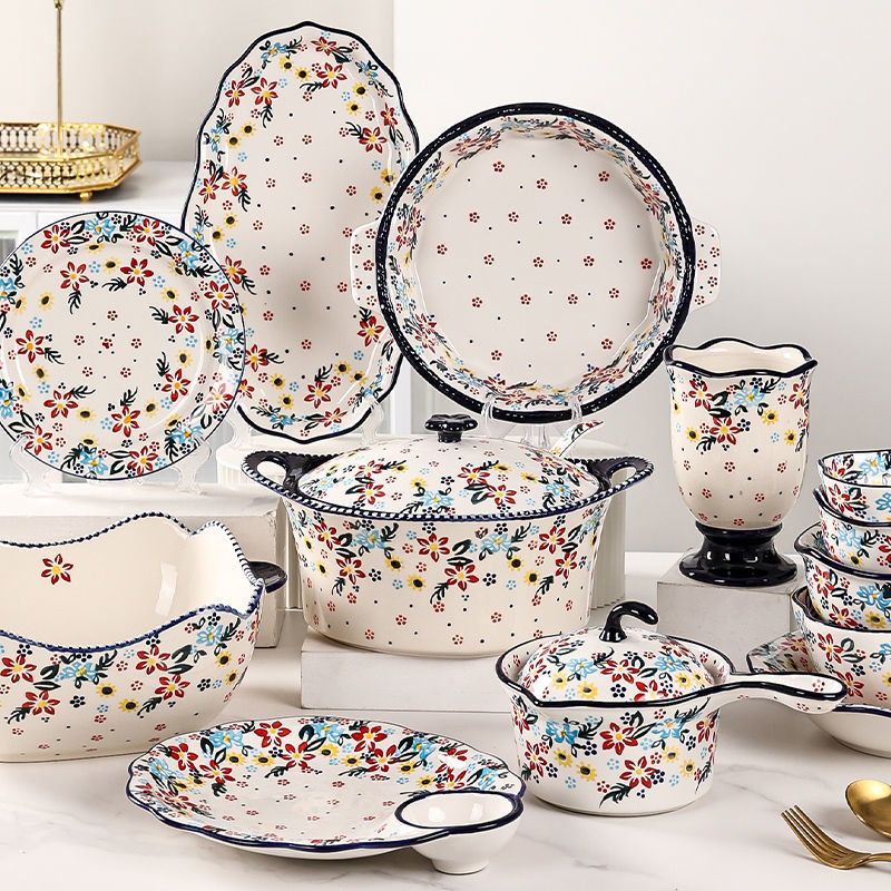 【7650People Collection】Foreign Trade Export Hand-painted Ceramic Bowl Plate Set Household Dining Bowl High-end Noodle Bowl Large Double-ear Soup Bowl with Lid