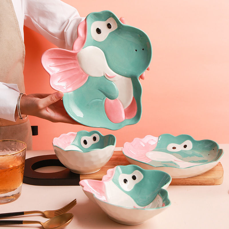 【4098People Collection】Aimeihui Cartoon Creative Dinosaur Shaped Bowl Household Children's Tableware Hand-painted Underglaze Craft Microwave Safe