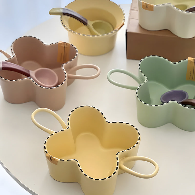 Unique Double Ear Ceramic Bowl with Handle, Anti-scald Cream Style, Quirky Irregular Tableware for Salad and Fruit Plating