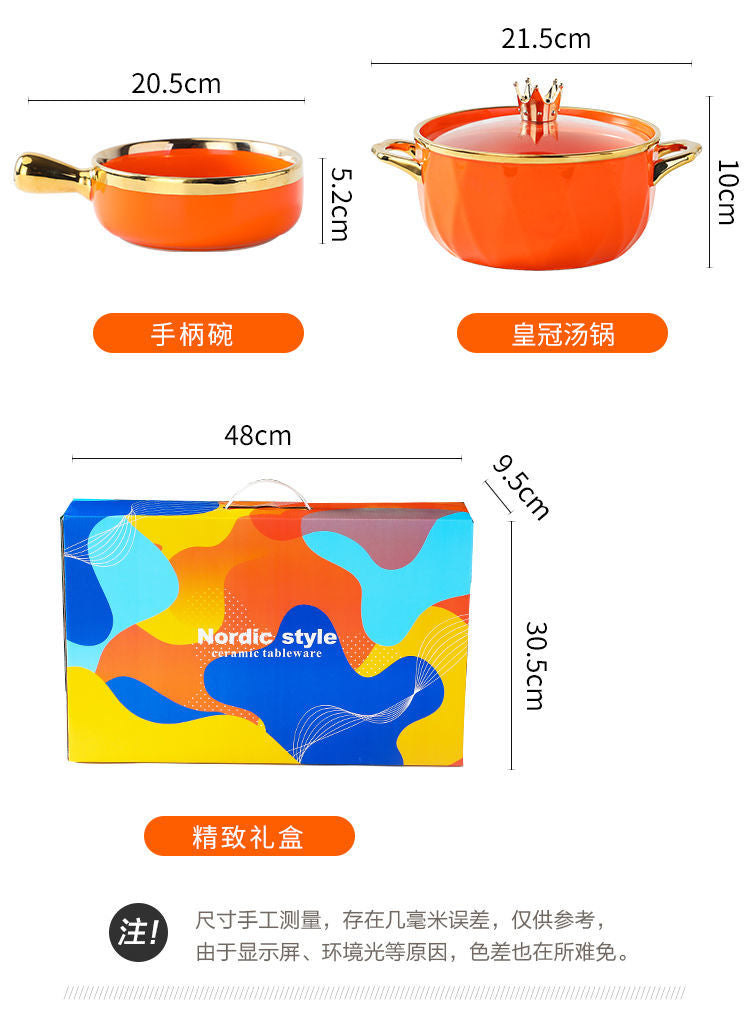【1.5Ten Thousand People Collection】Light Luxury Nordic Ceramic Tableware Electroplating Golden Edge round Baking Bowl High-End Gift Binaural Square Plate Internet Celebrity Baking Tray Suit