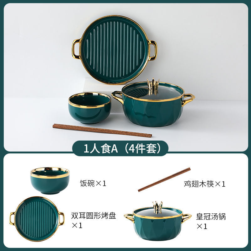 【1.5Ten Thousand People Collection】Light Luxury Nordic Ceramic Tableware Electroplating Golden Edge round Baking Bowl High-End Gift Binaural Square Plate Internet Celebrity Baking Tray Suit