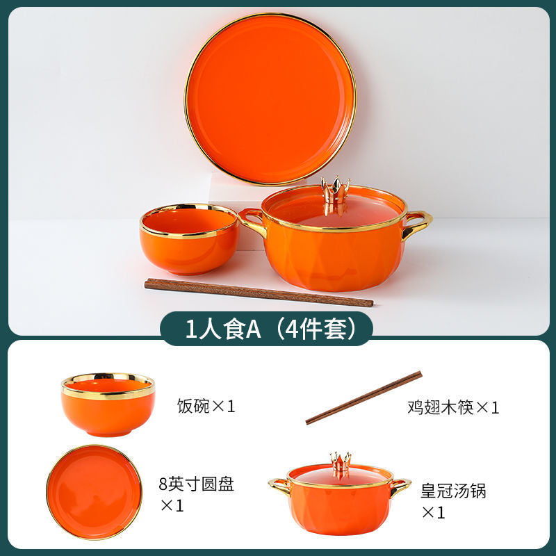 【1.5Ten Thousand People Collection】Light Luxury Nordic Ceramic Tableware Electroplating Golden Edge round Baking Bowl High-End Gift Binaural Square Plate Internet Celebrity Baking Tray Suit