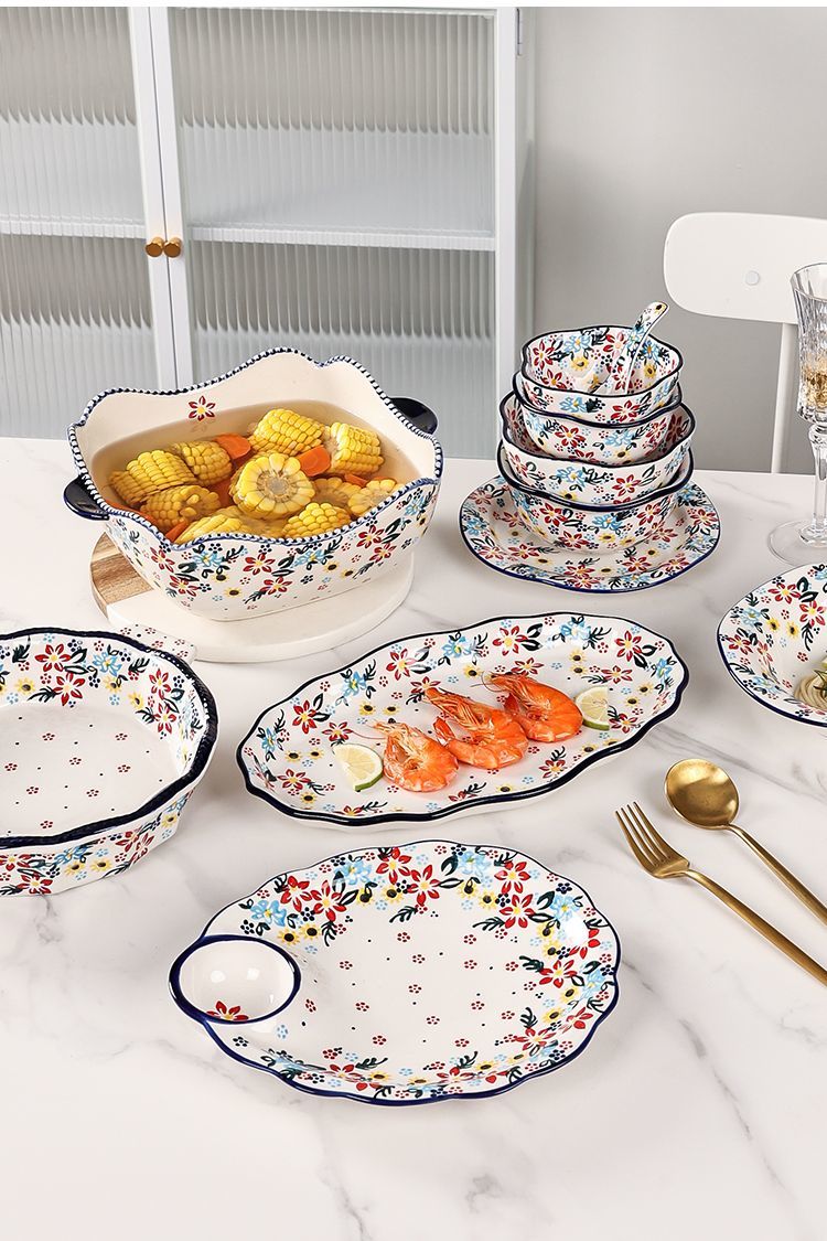 【7650People Collection】Foreign Trade Export Hand-painted Ceramic Bowl Plate Set Household Dining Bowl High-end Noodle Bowl Large Double-ear Soup Bowl with Lid