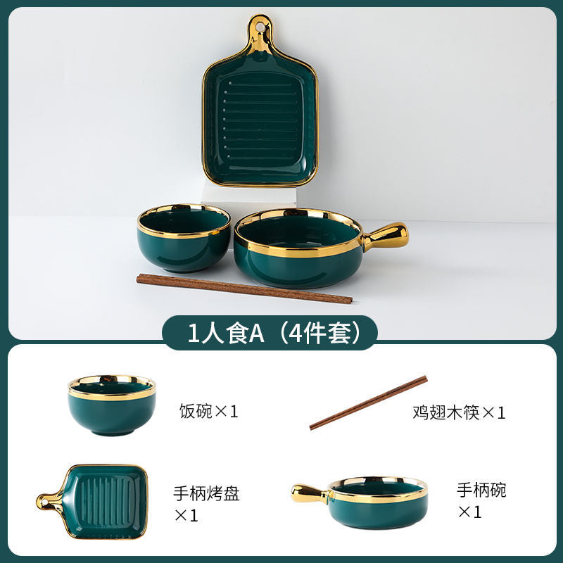 【1.5Ten Thousand People Collection】Light Luxury Nordic Ceramic Tableware Electroplating Golden Edge round Baking Bowl High-End Gift Binaural Square Plate Internet Celebrity Baking Tray Suit