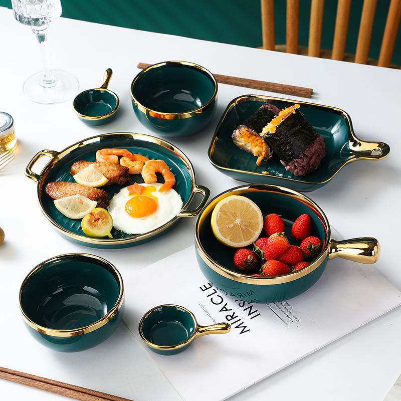 【1.5Ten Thousand People Collection】Light Luxury Nordic Ceramic Tableware Electroplating Golden Edge round Baking Bowl High-End Gift Binaural Square Plate Internet Celebrity Baking Tray Suit