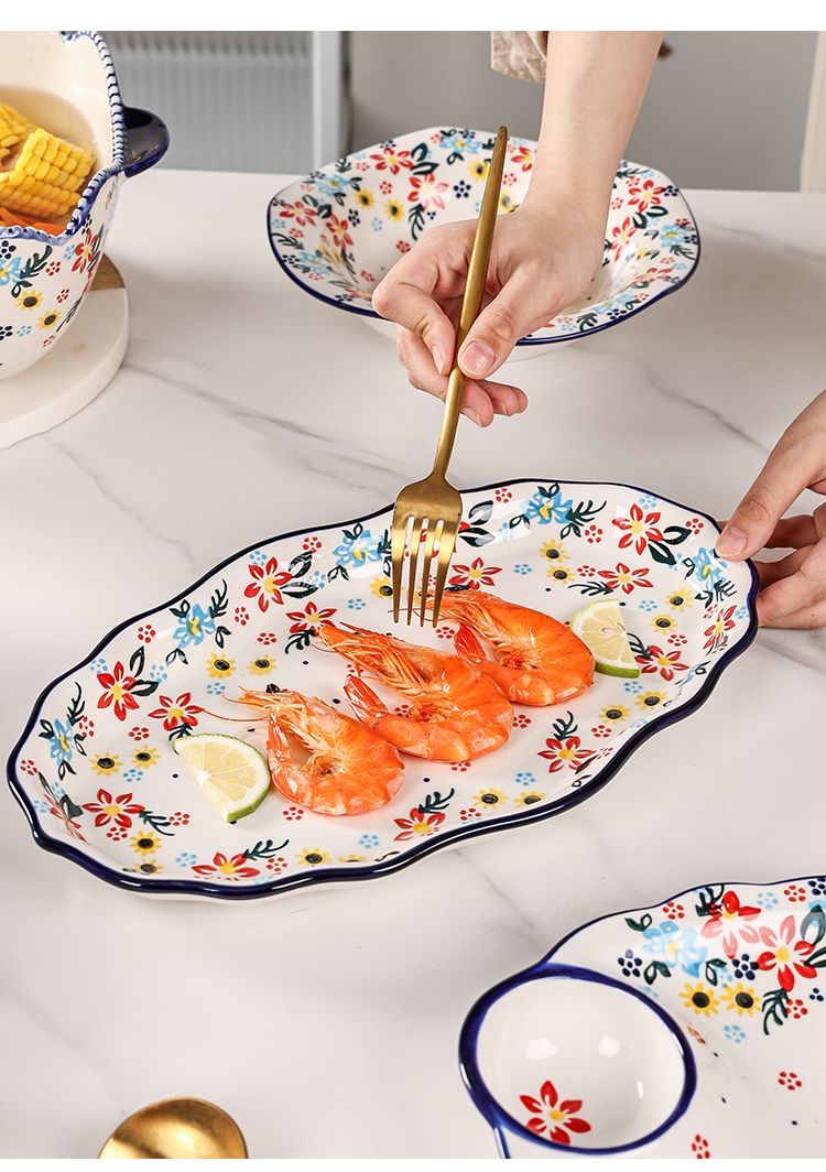 【7650People Collection】Foreign Trade Export Hand-painted Ceramic Bowl Plate Set Household Dining Bowl High-end Noodle Bowl Large Double-ear Soup Bowl with Lid
