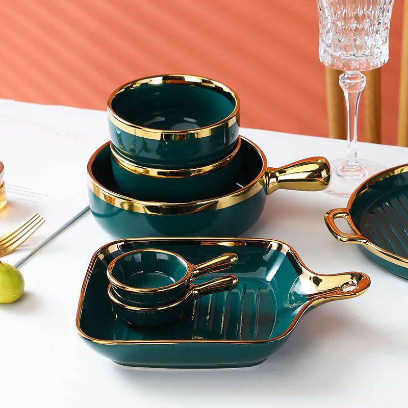【1.5Ten Thousand People Collection】Light Luxury Nordic Ceramic Tableware Electroplating Golden Edge round Baking Bowl High-End Gift Binaural Square Plate Internet Celebrity Baking Tray Suit