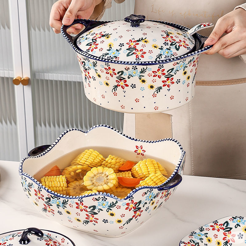 【7650People Collection】Foreign Trade Export Hand-painted Ceramic Bowl Plate Set Household Dining Bowl High-end Noodle Bowl Large Double-ear Soup Bowl with Lid
