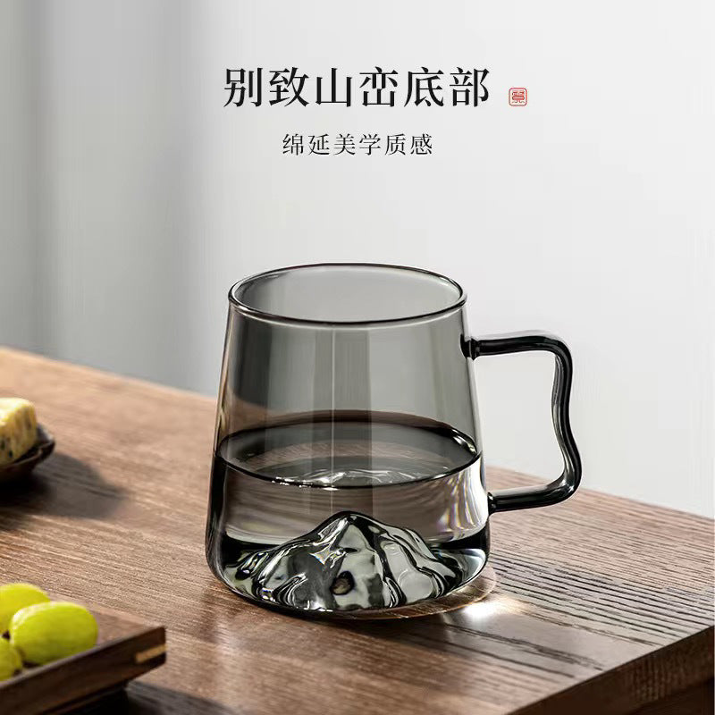 【1225Positive Review】Japanese Style Glass Cup Household Large Capacity Water Cup High Temperature Resistant Tea Cup Mountain Viewing Cup Creative Office Handle Drinking Cup