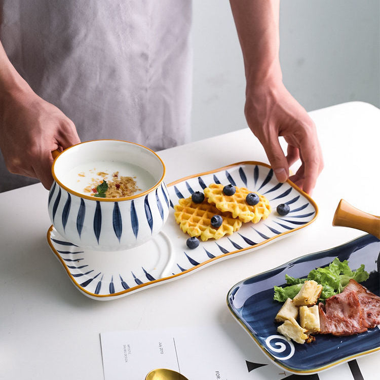 【1717People Collection】Soup Bowl Japanese Style Milk Pot Breakfast Tableware Bowl and Plate Set for One Person Single Set Exquisite Bowl and Chopsticks Household