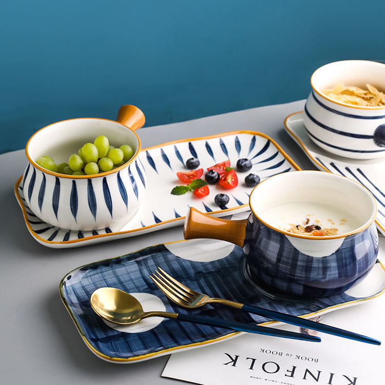 【1717People Collection】Soup Bowl Japanese Style Milk Pot Breakfast Tableware Bowl and Plate Set for One Person Single Set Exquisite Bowl and Chopsticks Household