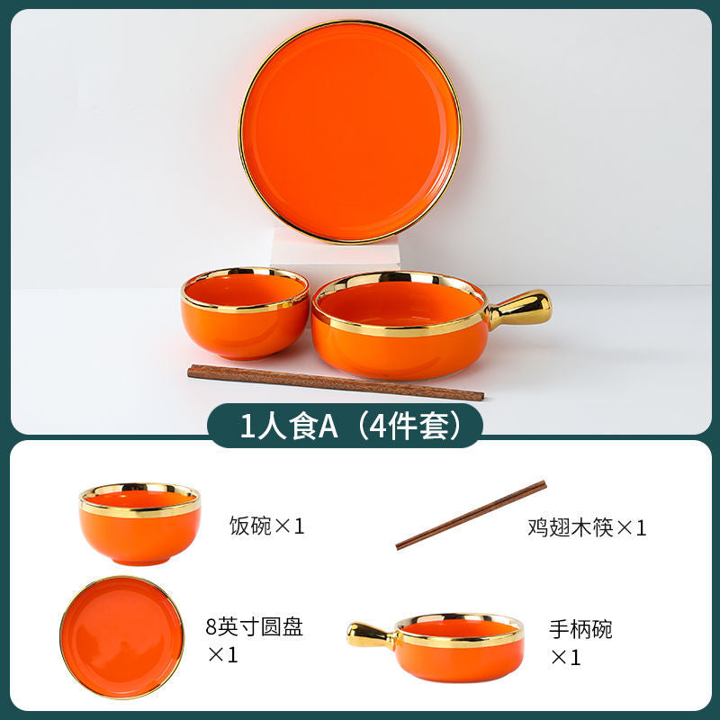 【1.5Ten Thousand People Collection】Light Luxury Nordic Ceramic Tableware Electroplating Golden Edge round Baking Bowl High-End Gift Binaural Square Plate Internet Celebrity Baking Tray Suit