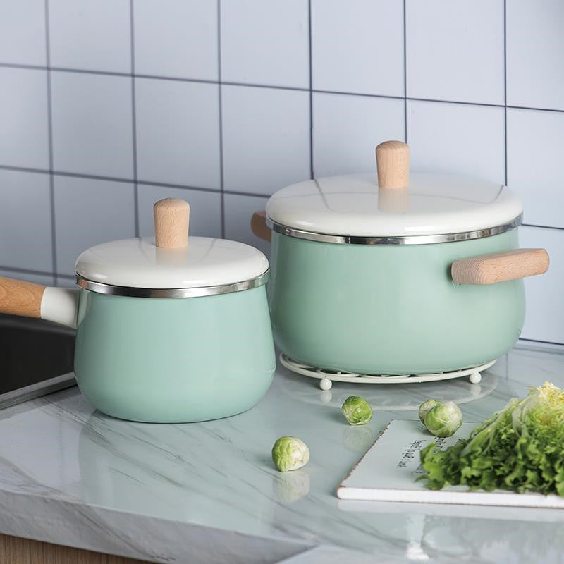 【2699People Collection】Nordic Enamel Wooden Handle Extra Thick Enamel Milk Pot Enamel Soup Pot Noodle Pot Compatible with Induction Cooker Enamel Soup Pot