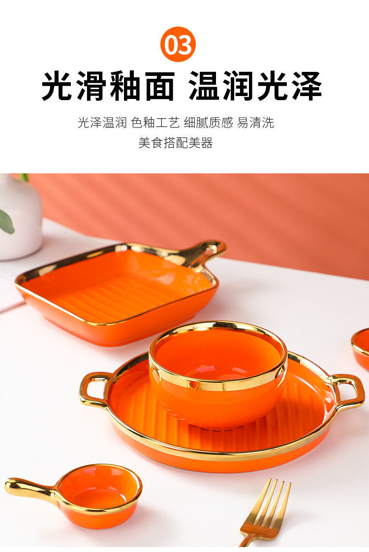 【1.5Ten Thousand People Collection】Light Luxury Nordic Ceramic Tableware Electroplating Golden Edge round Baking Bowl High-End Gift Binaural Square Plate Internet Celebrity Baking Tray Suit