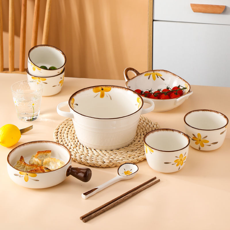 【HTK2388People】Campanula Flower for One Person Bowl Dish Suit Home Cartoon4Person Bowls, Plates, and Chopsticks Trending Creative Couple Pairs2Human Tableware