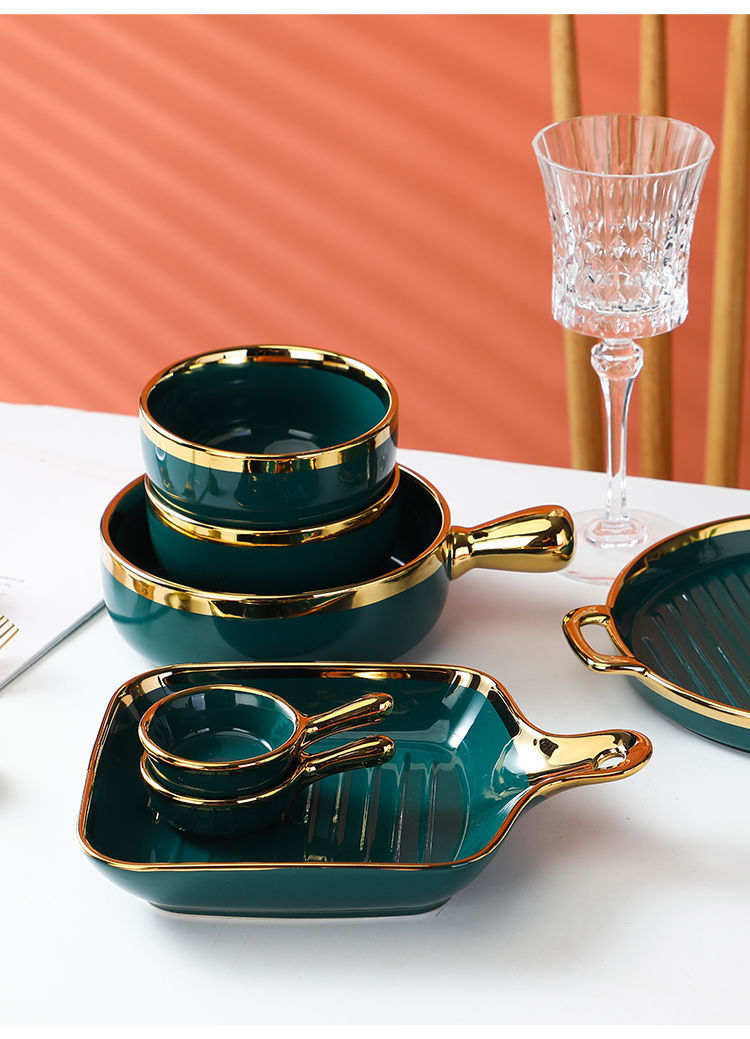 【1.5Ten Thousand People Collection】Light Luxury Nordic Ceramic Tableware Electroplating Golden Edge round Baking Bowl High-End Gift Binaural Square Plate Internet Celebrity Baking Tray Suit