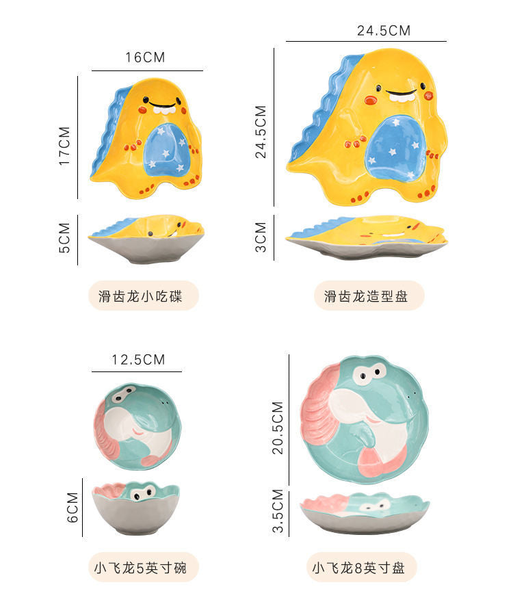 【4098People Collection】Aimeihui Cartoon Creative Dinosaur Shaped Bowl Household Children's Tableware Hand-painted Underglaze Craft Microwave Safe