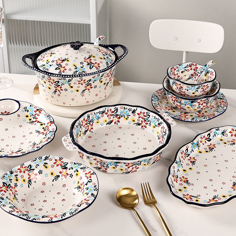 【7650People Collection】Foreign Trade Export Hand-painted Ceramic Bowl Plate Set Household Dining Bowl High-end Noodle Bowl Large Double-ear Soup Bowl with Lid