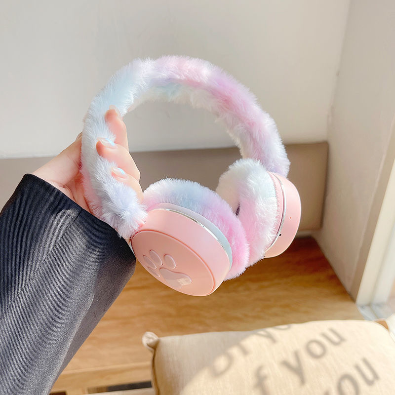 Bluetooth Headphones Over-Ear Heart Strap LED Lamp Call Warm Plush Ear Muffs Internet Celebrity High Appearance ins Headphones