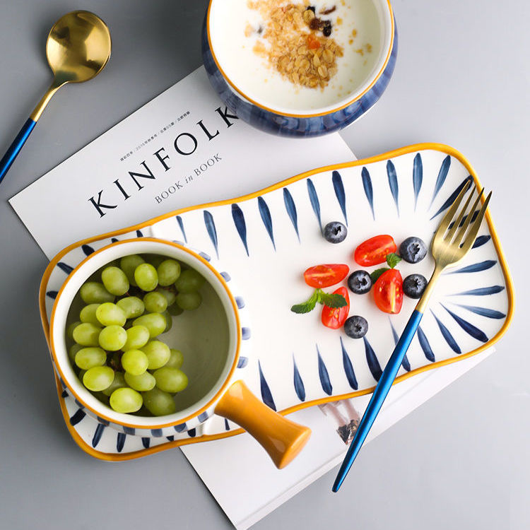 【1717People Collection】Soup Bowl Japanese Style Milk Pot Breakfast Tableware Bowl and Plate Set for One Person Single Set Exquisite Bowl and Chopsticks Household